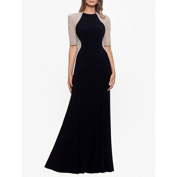 Xscape Lined Beaded Mesh Short Sleeve Sheath Gown Black/Nude/Silver 6 Petite NWT - Picture 1 of 11